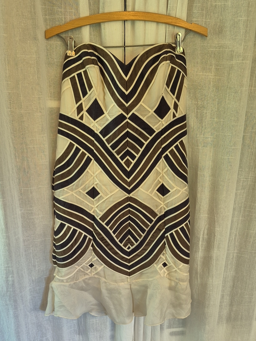 Carolina Herrera Silk Strapless Geometric Midi Dress in Ivory and Dark Brown